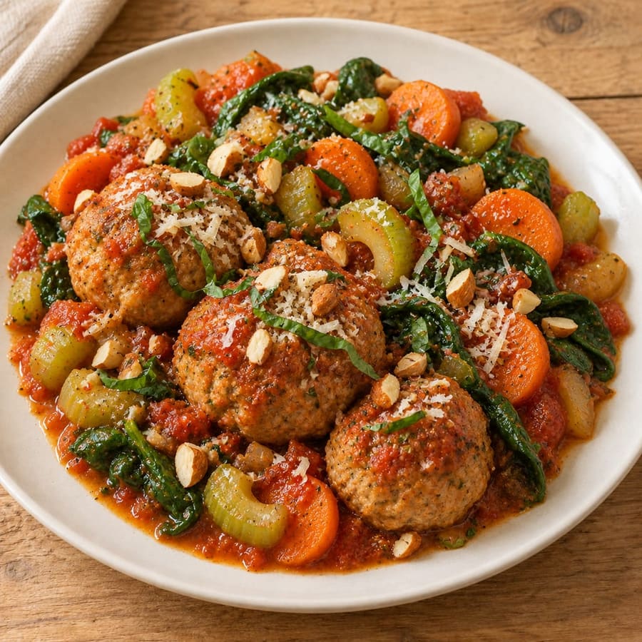 Putenbällchen in Tomatensauce mit Spinat
