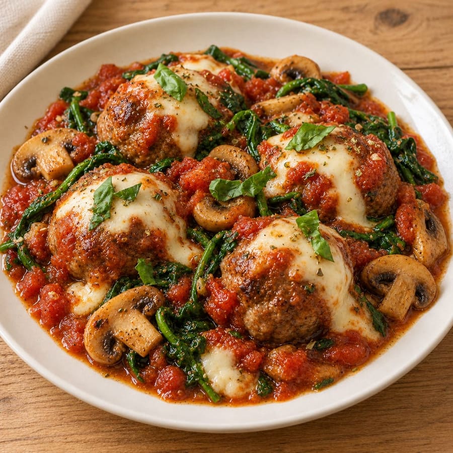 Rinderhackbällchen mit Champignons und Spinat in Tomatensauce