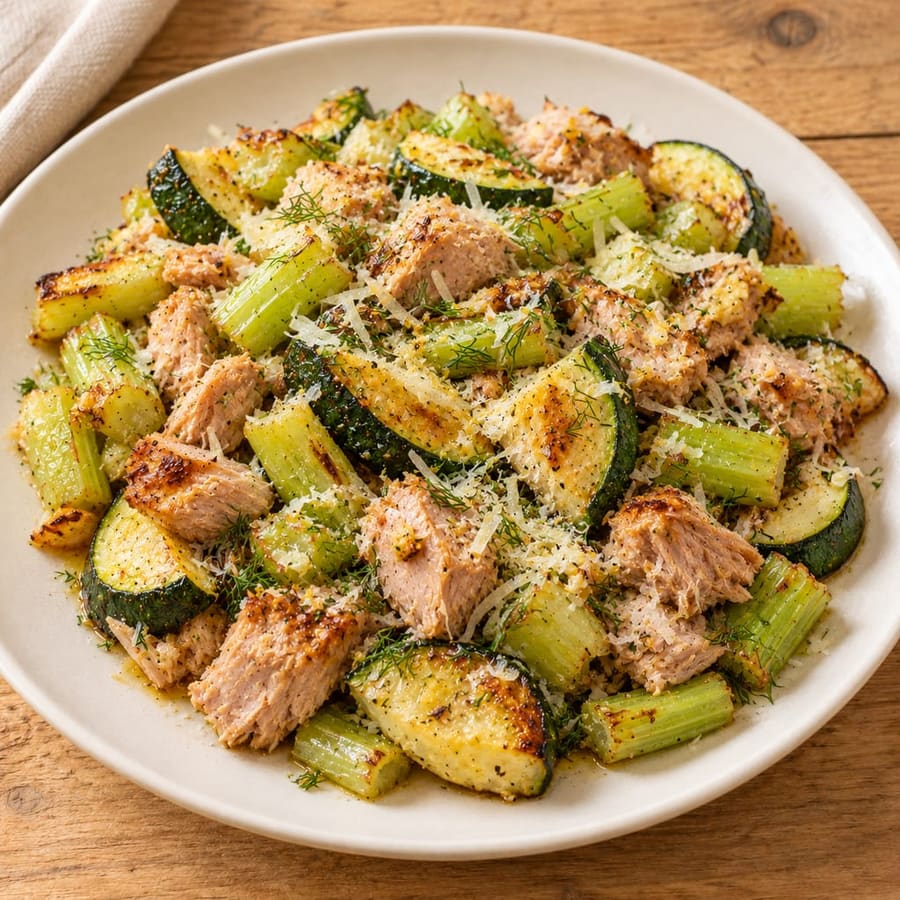 Ofen-Thunfisch mit Staudensellerie und Zucchini, Zitrone und Parmesan