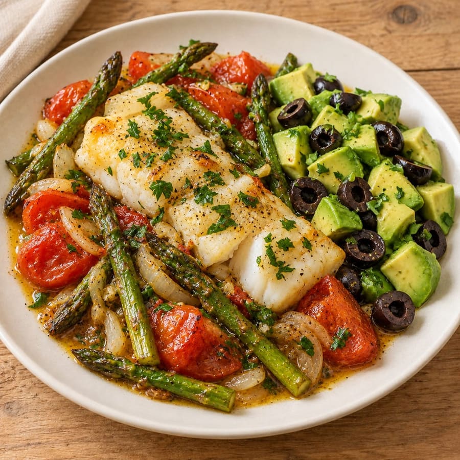 Ofenkabeljau mit grünem Spargel und Tomaten