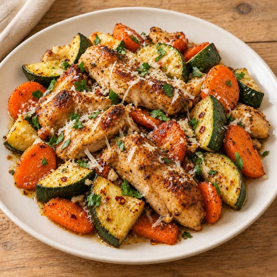 Hähnchenschenkel aus dem Ofen mit Zucchini und Karotten