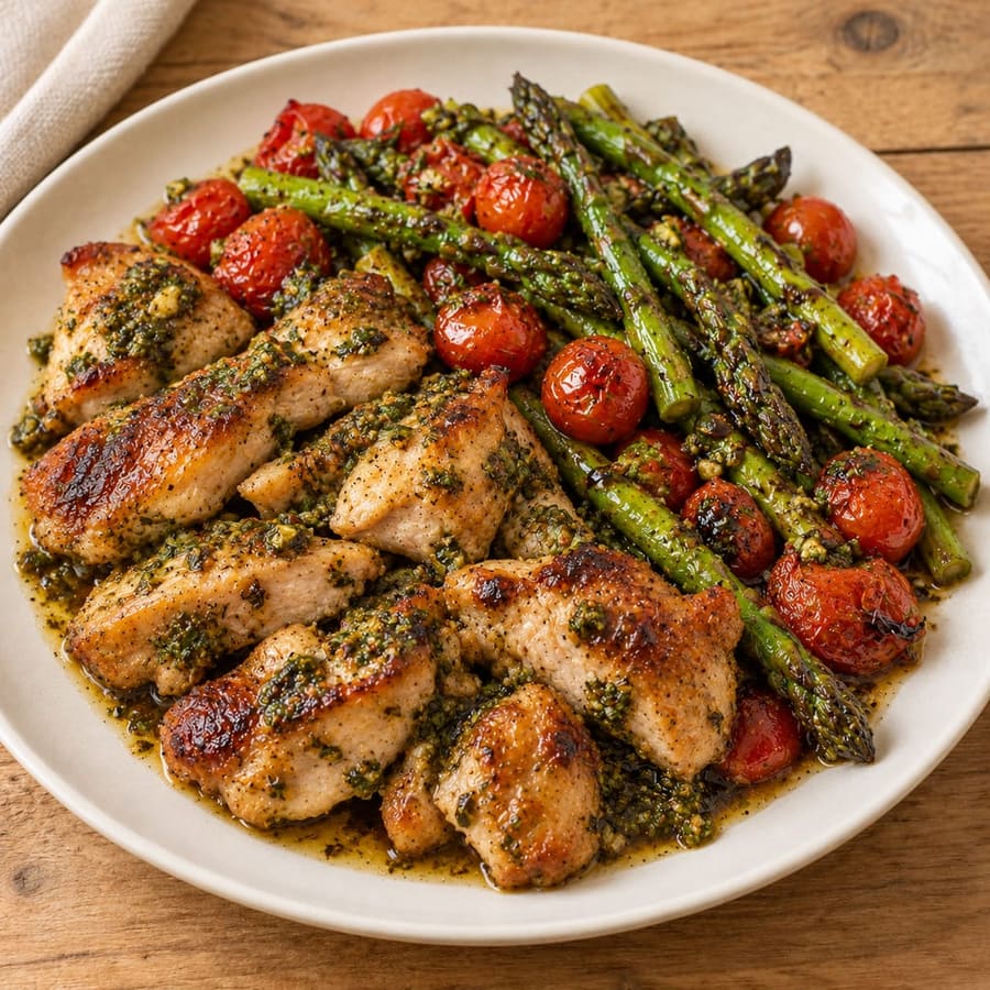 Ofenhähnchen mit grünem Spargel und Pesto-Tomaten