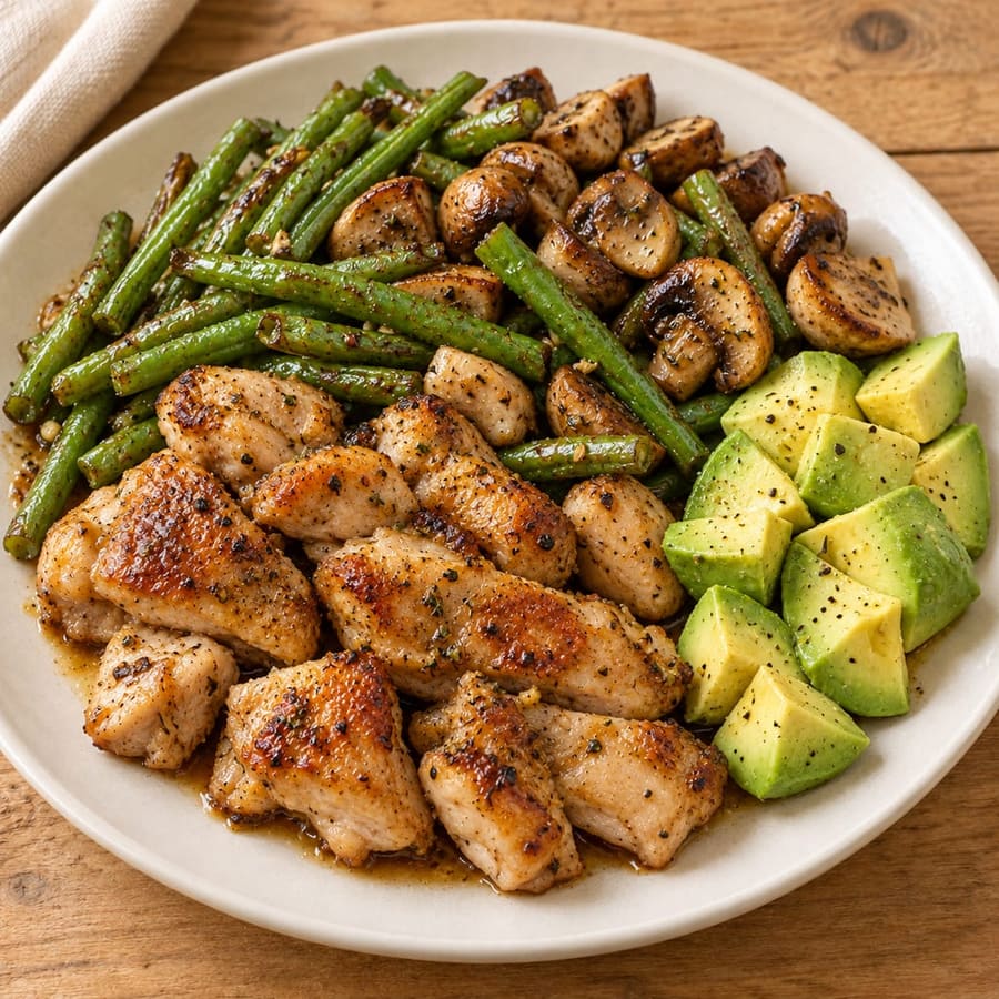 Ofenhähnchenkeulen mit grünen Bohnen und Champignons
