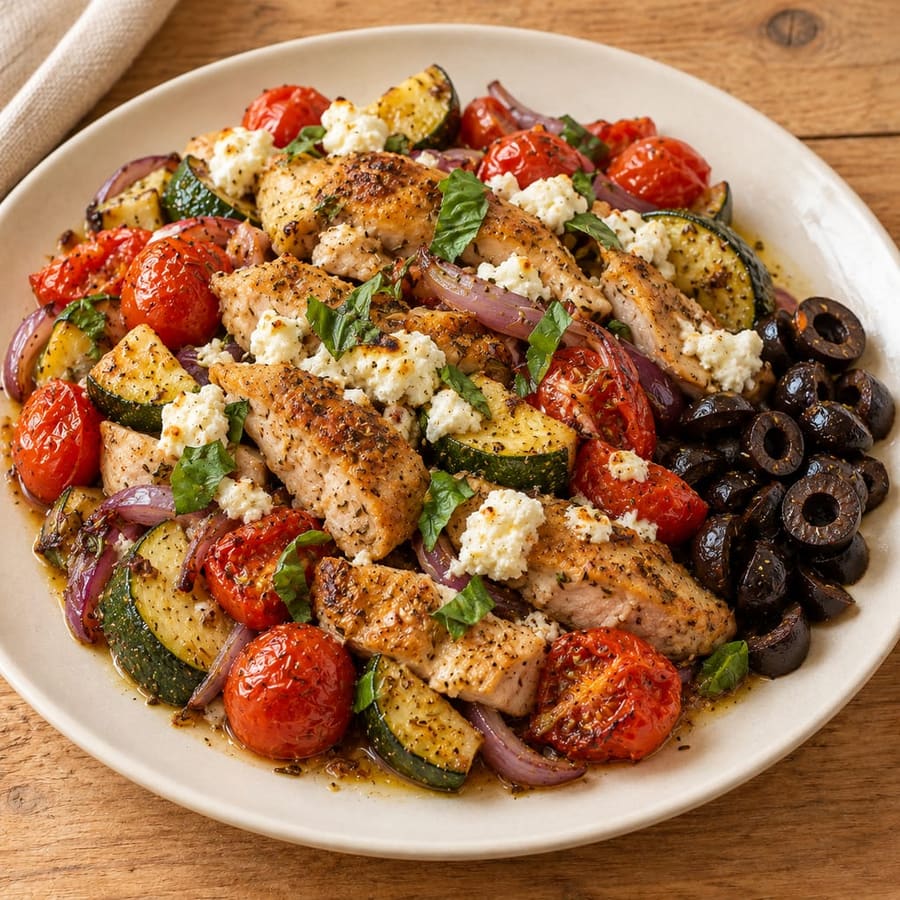 Ofenhähnchen mit Kirschtomaten, Zucchini und Ziegenkäse