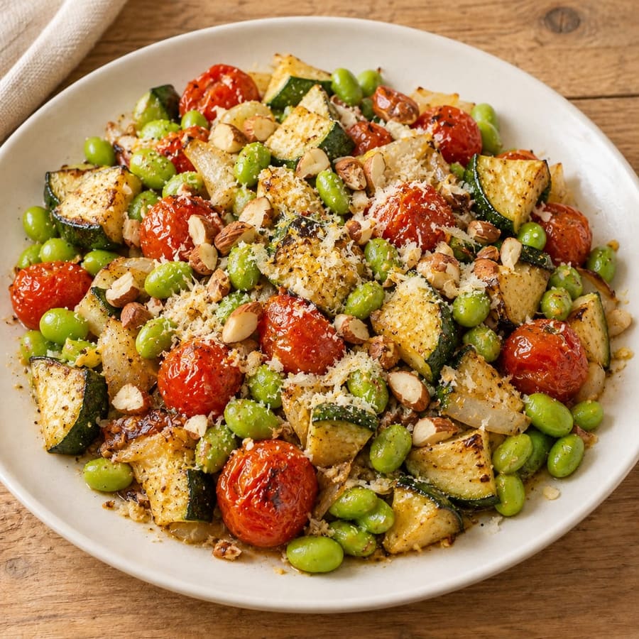 Ofengemüse mit Edamame, Zucchini und Kirschtomaten