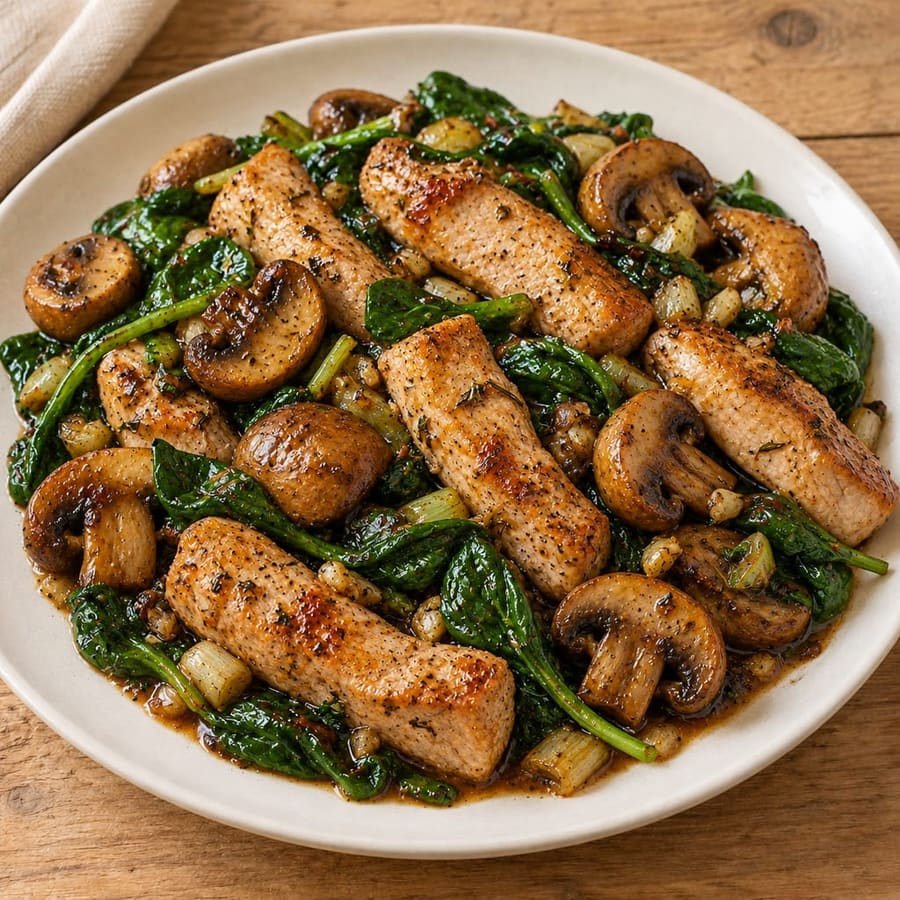 Ofen-Schweinelachs mit Champignons und Spinat