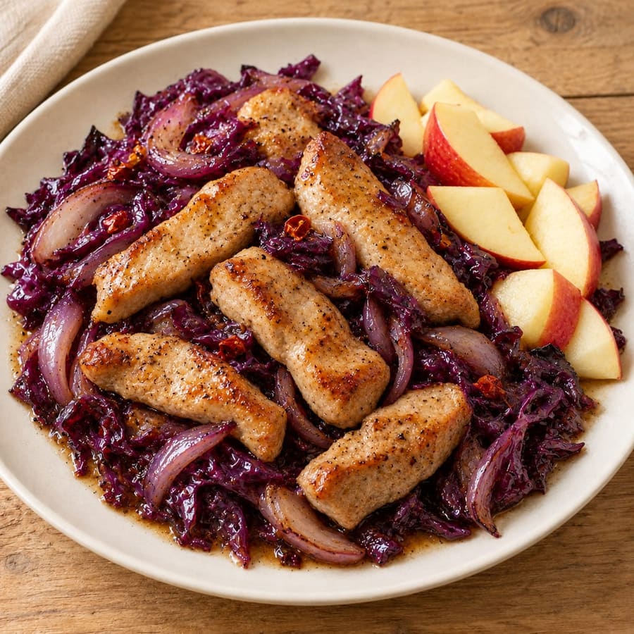 Ofengebratene Schweinelende mit Rotkohl und Apfel