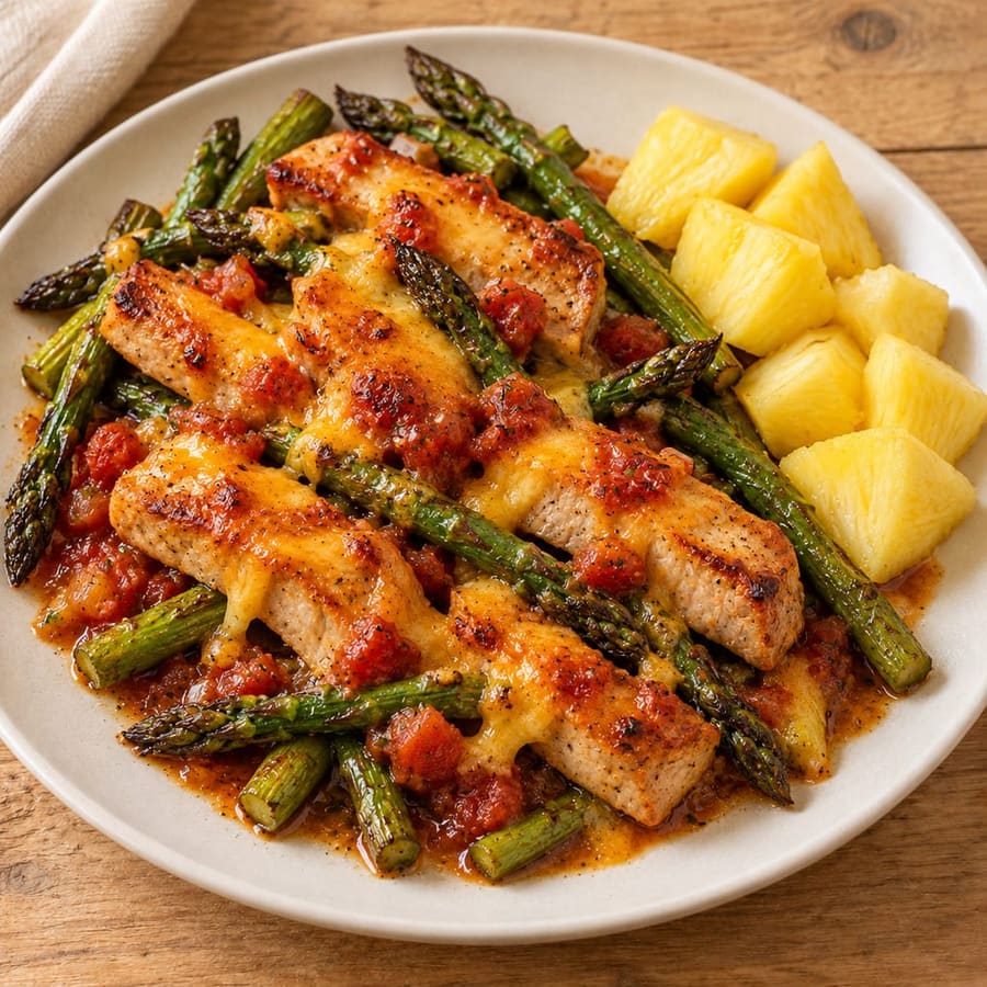Schweinelende aus dem Ofen mit grünem Spargel und Ananas