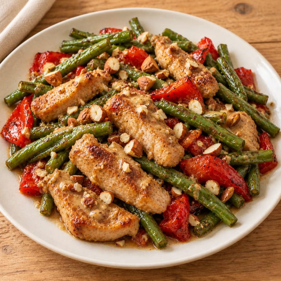 Ofen-Schweinelendchen mit grünen Bohnen, Paprika und Tahini-Sauce