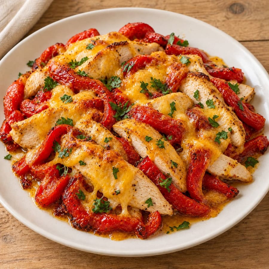 Ofen-Pute mit gerösteten roten Paprika und Cheddar