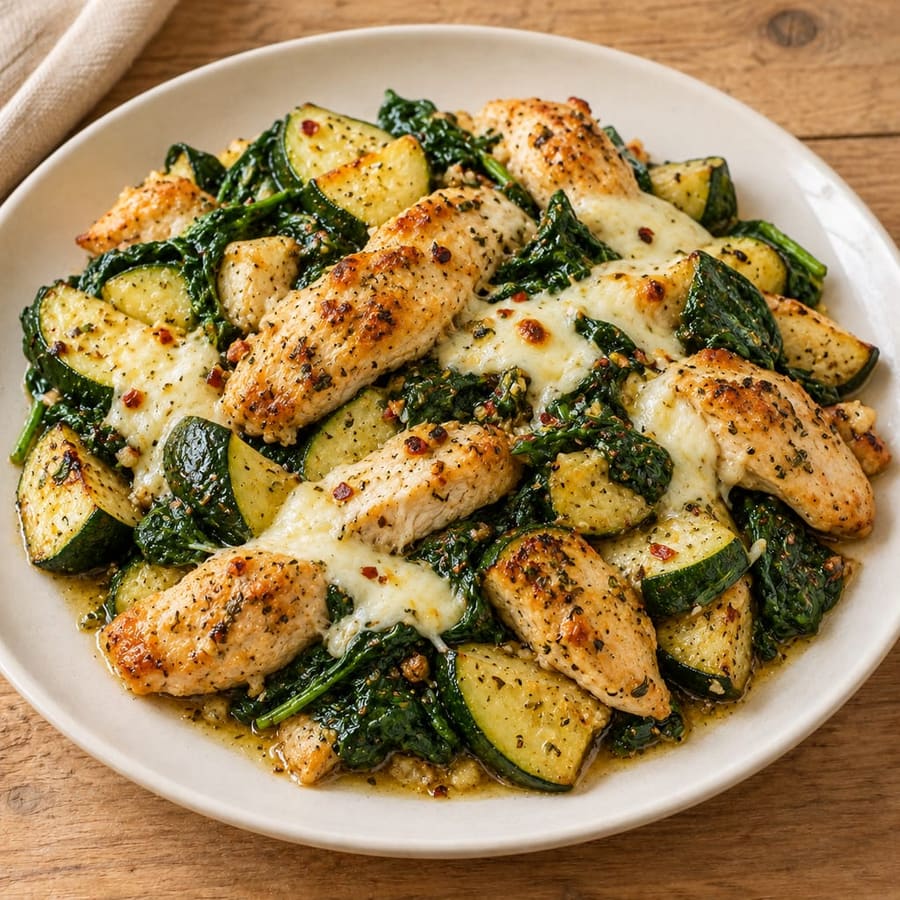 Ofenhähnchen mit Zucchini, Spinat und Mozzarella