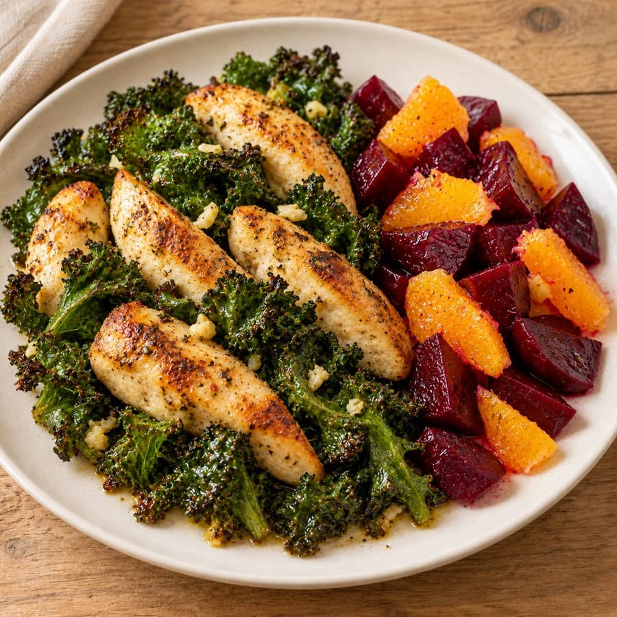 Ofenhähnchen mit Grünkohl, Roter Bete und Orange
