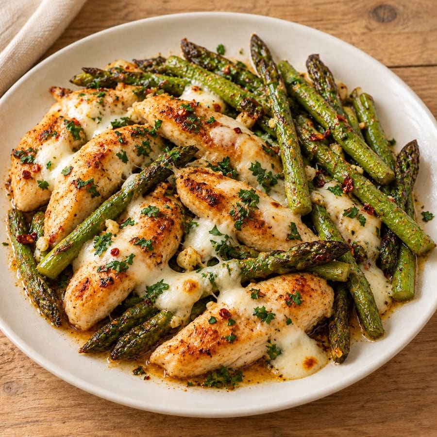 Ofenhähnchen mit grünem Spargel, Zitrone und Mozzarella