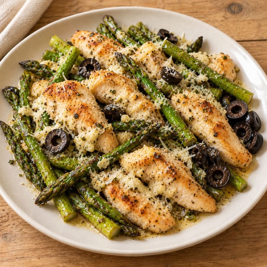 Ofenhähnchen mit grünem Spargel, Frischkäse und Parmesan