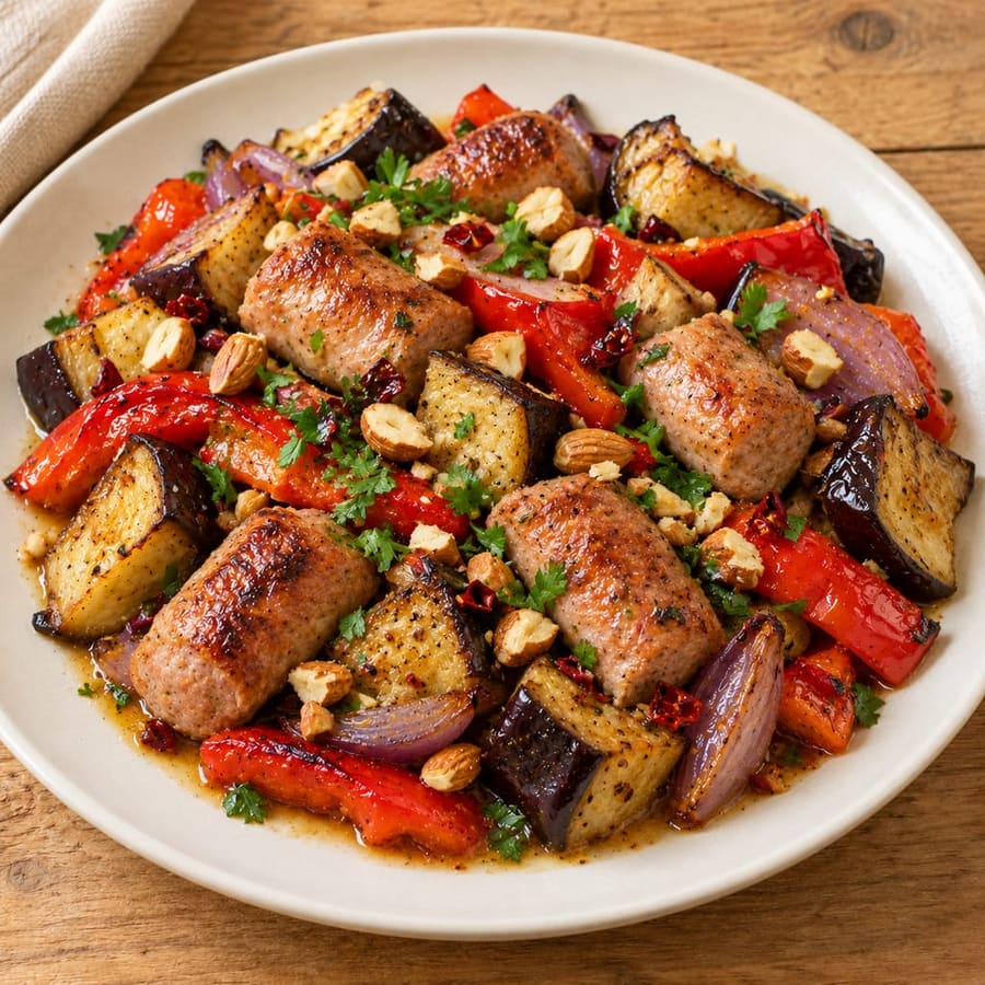 Ofenblech mit Bratwurst, Aubergine und Paprika