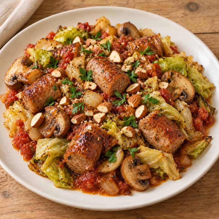 Schweinswürstchen vom Blech mit Kohl und Champignons