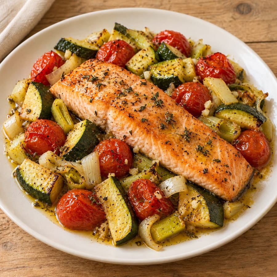 Ofenlachs mit Zucchini, Kirschtomaten und Zitrone