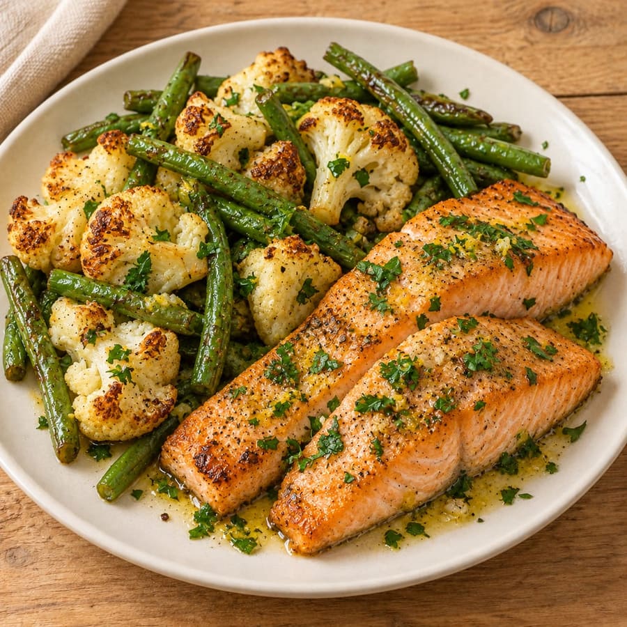 Ofenlachs mit Blumenkohl und grünen Bohnen
