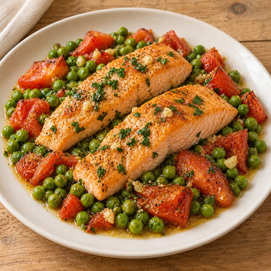 Ofenlachs mit Erbsen und Tomaten