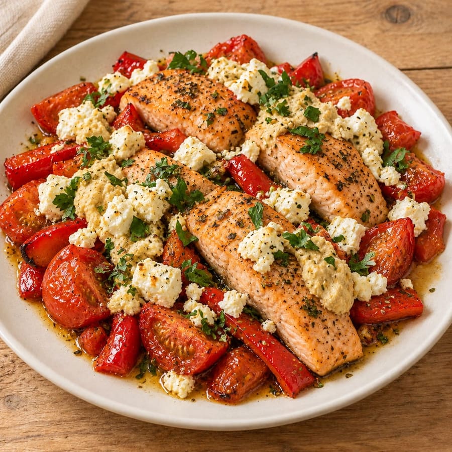 Ofenlachs mit Tomate, Paprika und Hummus
