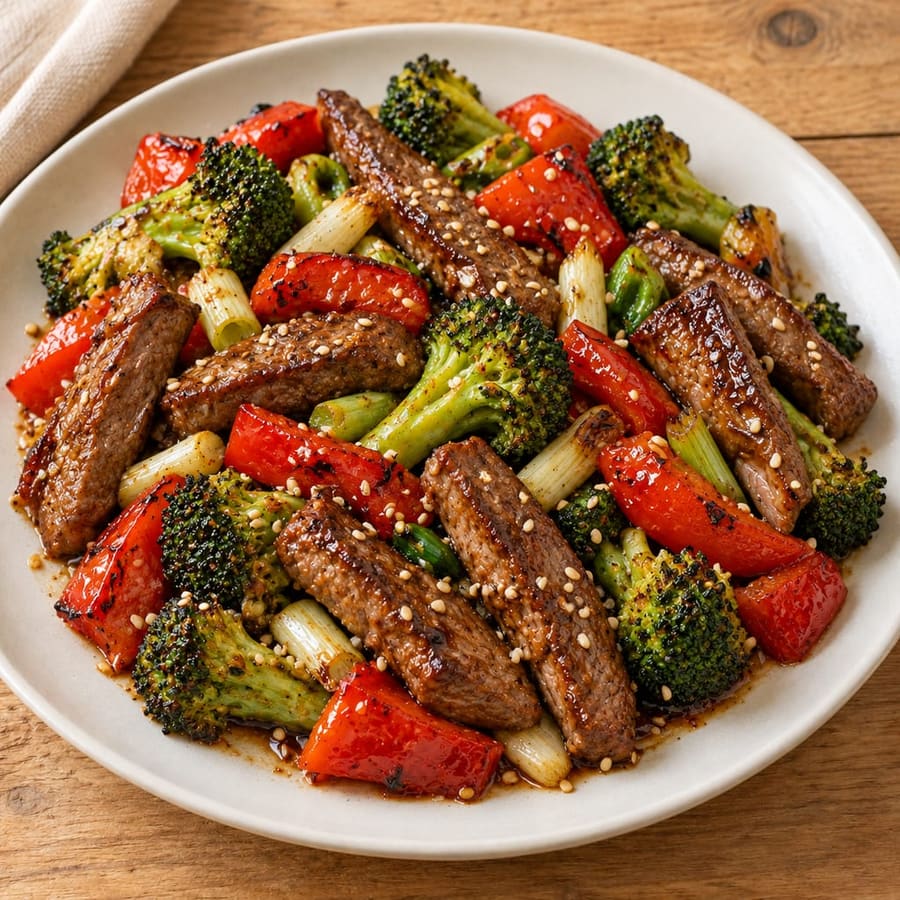 Ofengemüse mit Rinderfilet, Brokkoli und Paprika