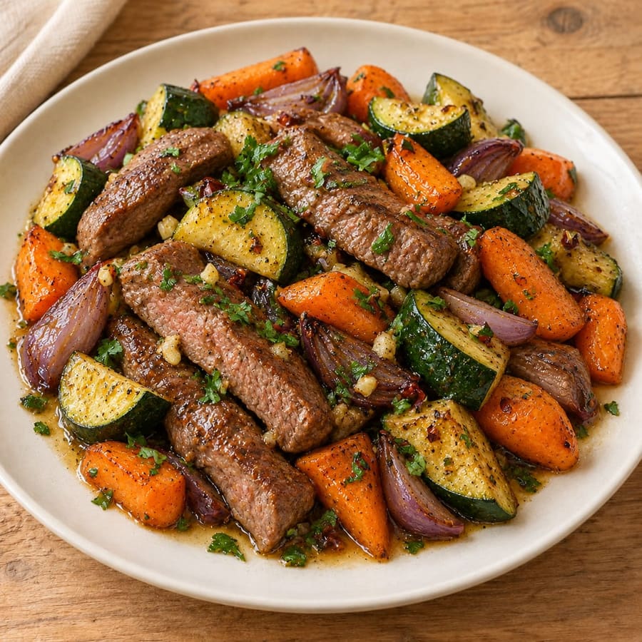Ofengebratenes Rindersteak mit Zucchini und Karotten