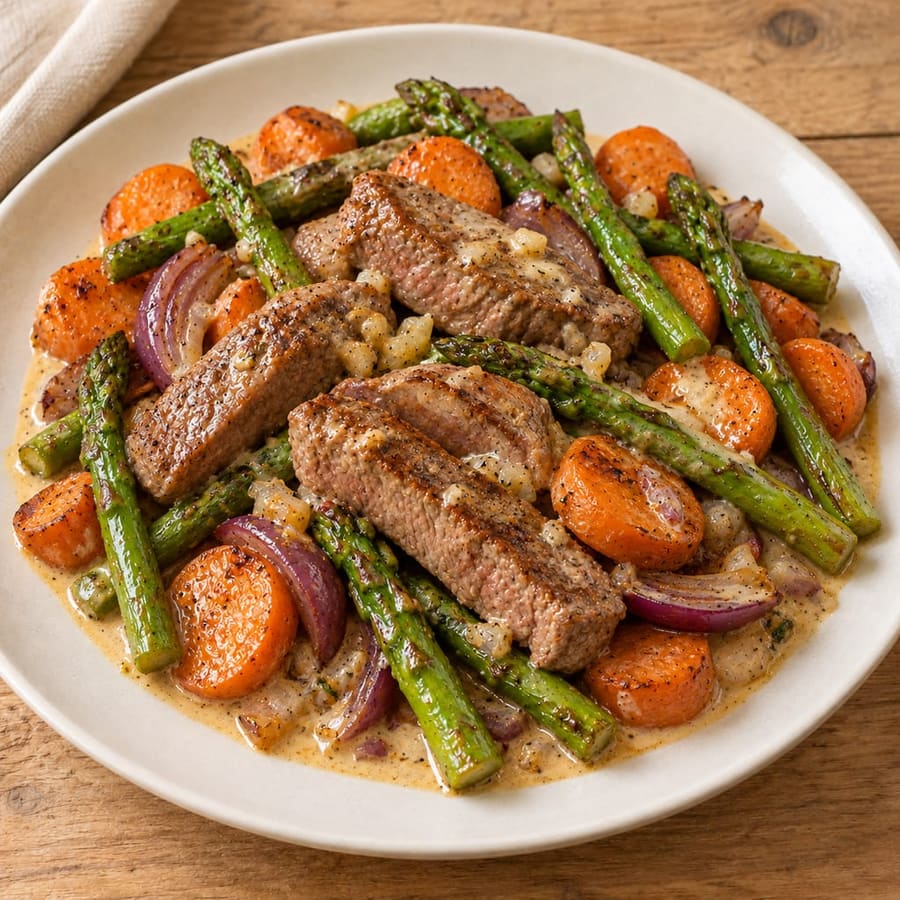 Rinderfilet aus dem Ofen mit Spargel, Möhren und Sahnesauce