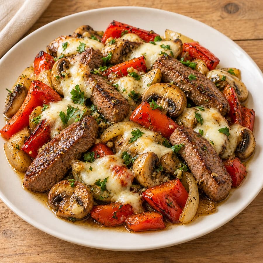 Rinderlende vom Blech mit Paprika und Champignons