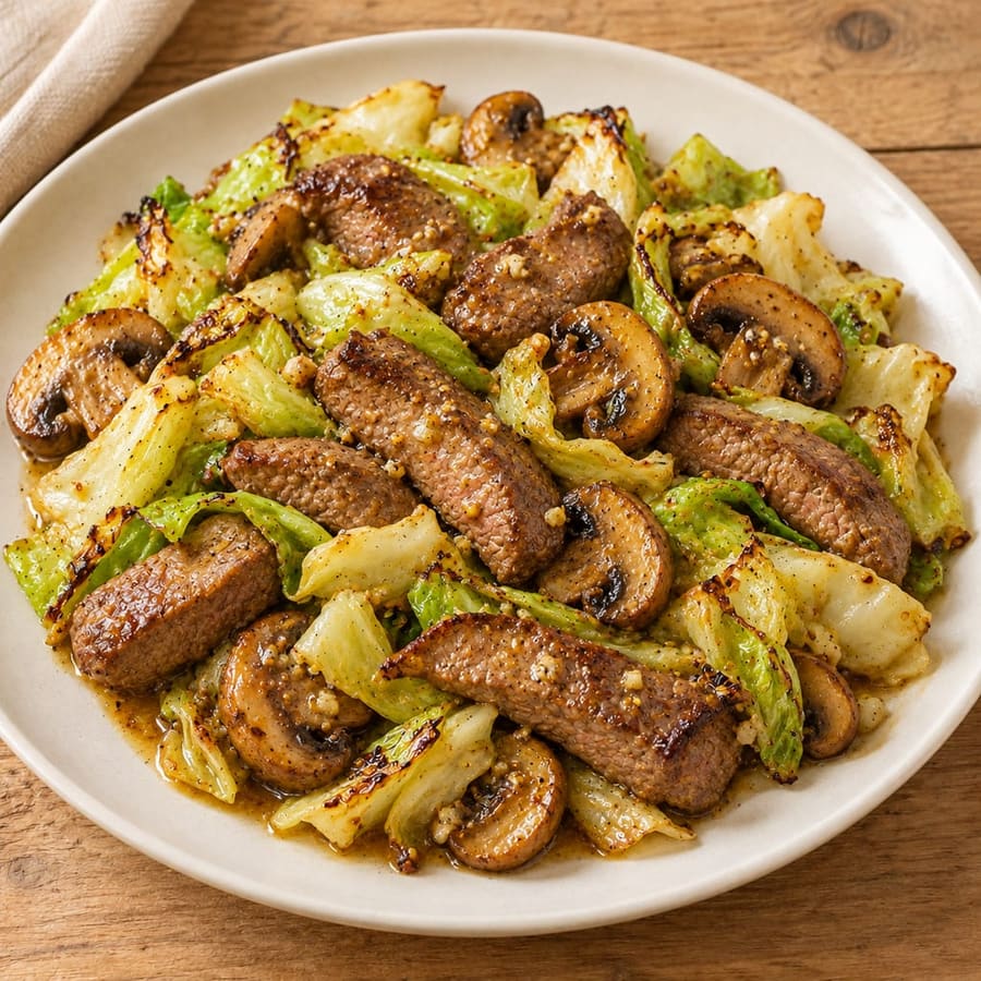 Senf-Rindfleisch vom Blech mit Kohl und Champignons