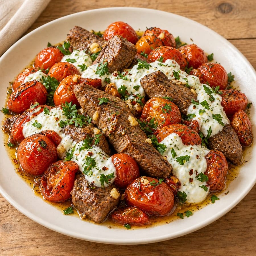 Rinderfilet aus dem Ofen mit Kirschtomaten und Joghurtsauce