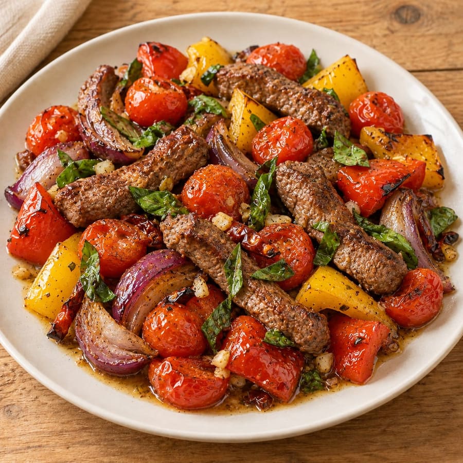 Rindfleisch aus dem Ofen mit Kirschtomaten und Paprika