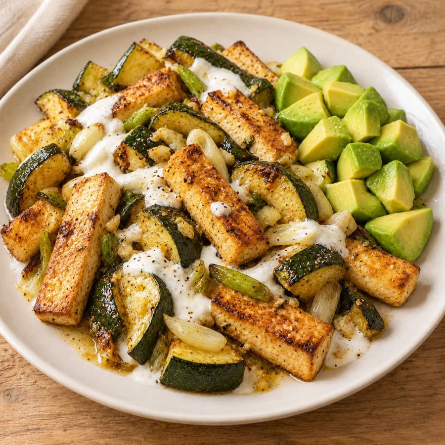Ofen-Tofu mit Zucchini, Joghurtsauce und Avocado