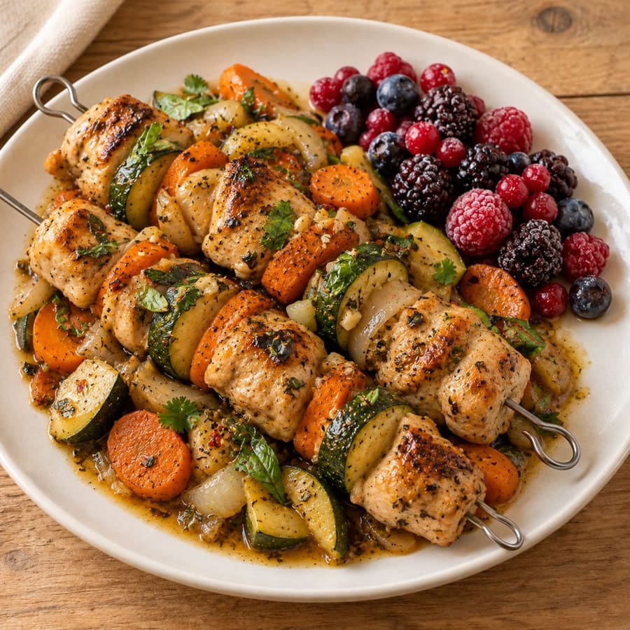 Hähnchenspieße mit Zucchini, Karotten und Beeren