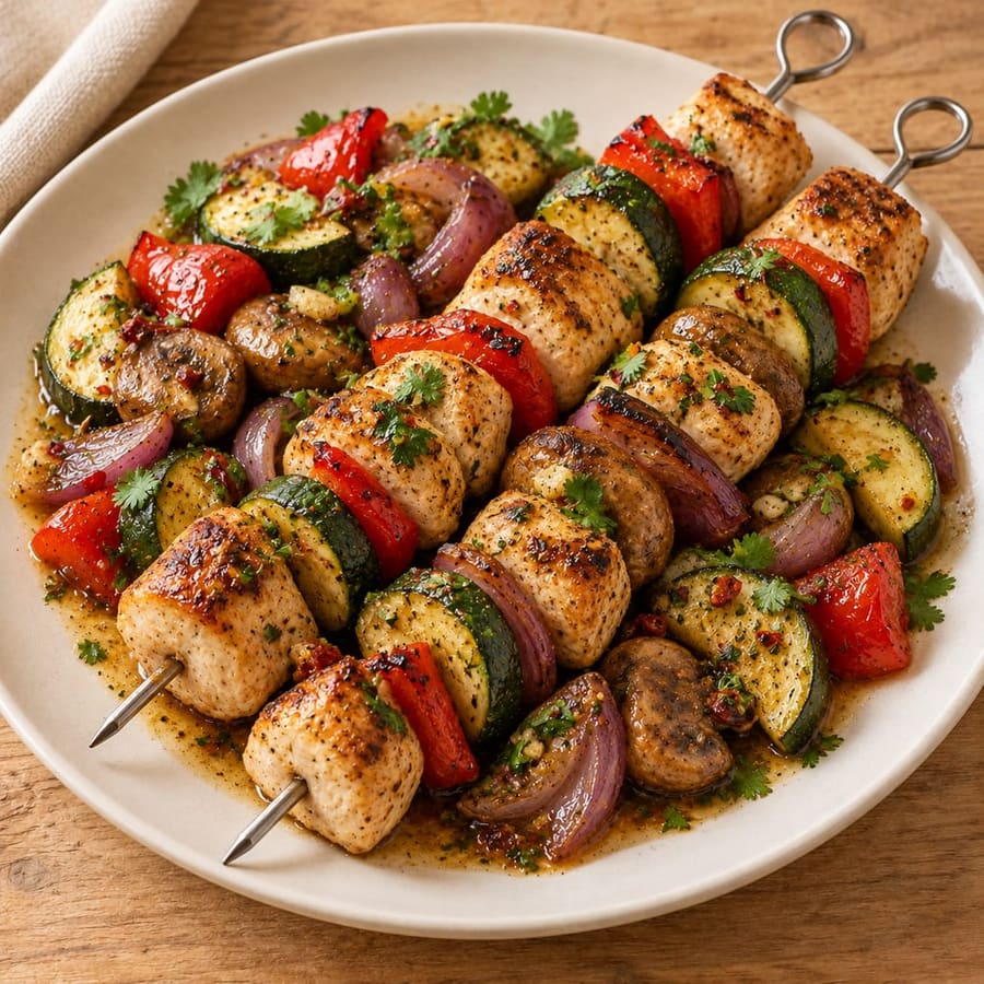 Hähnchenspieße mit Paprika, Champignons und Zucchini