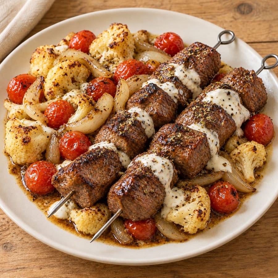 Rindfleischspieße mit Blumenkohl, Kirschtomaten und Joghurtsauce
