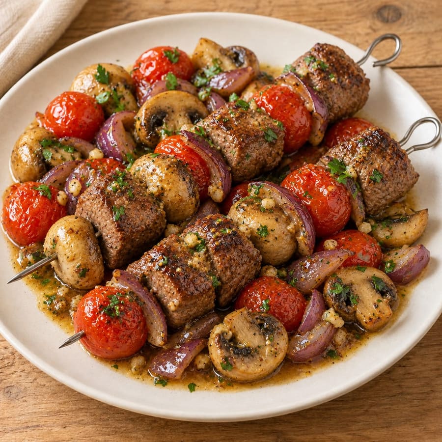 Rindfleischspieße mit Champignons und Kirschtomaten