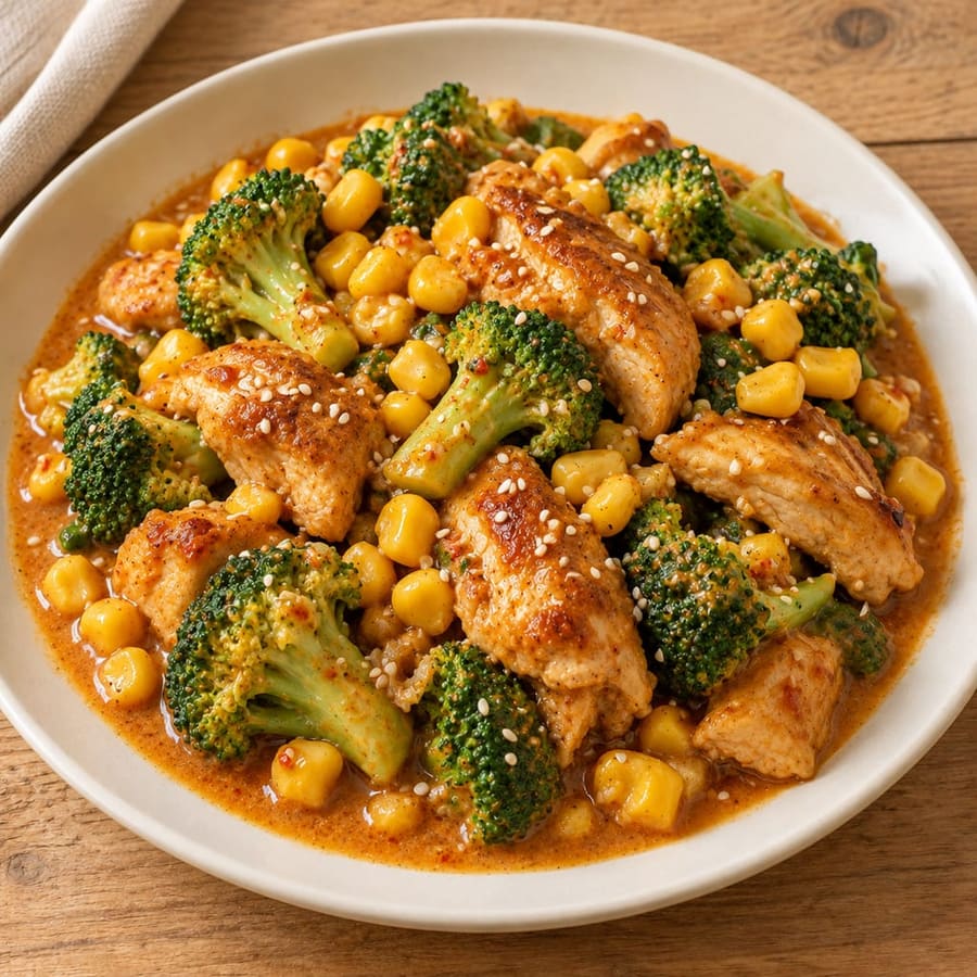 Rotes Hähnchen-Curry mit Brokkoli und Mais