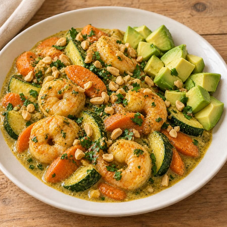 Grünes Garnelencurry mit Zucchini, Karotte und Avocado