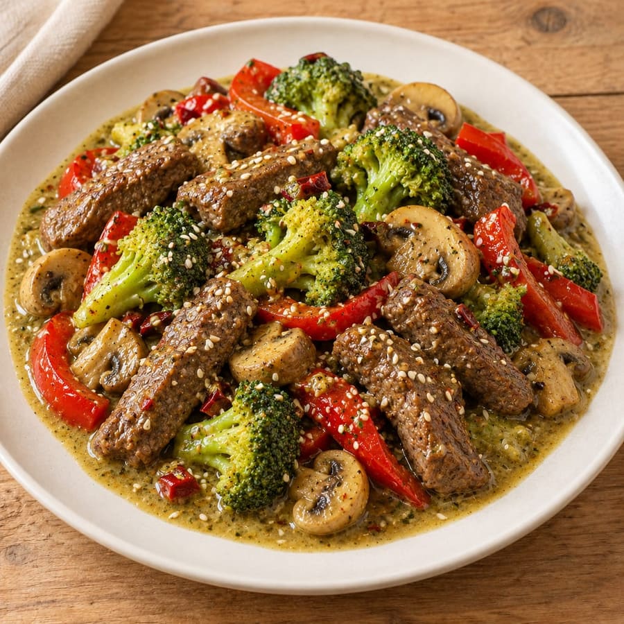 Grünes Rindercurry mit Brokkoli, Paprika und Champignons