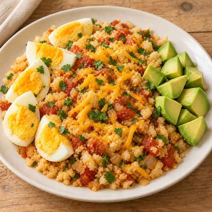 Eiersalat mit Blumenkohlreis und mexikanischer Salsa
