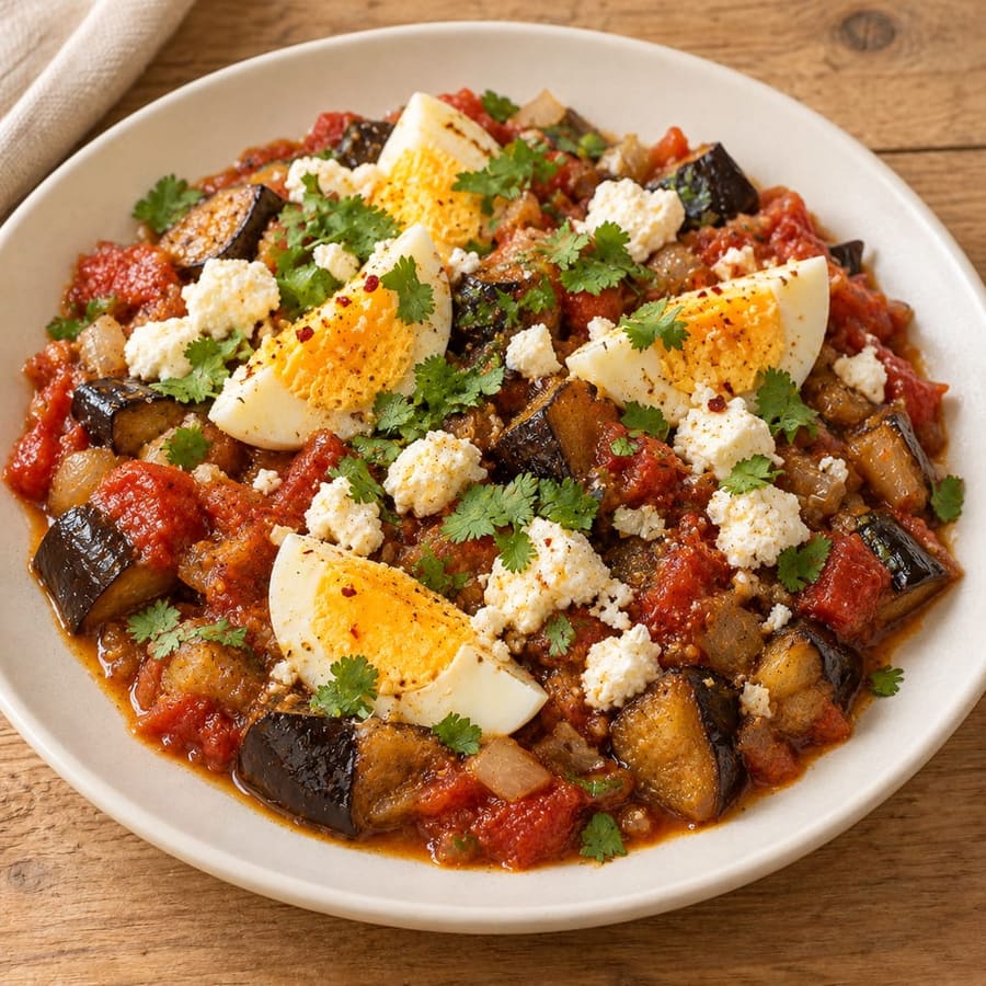 Eier mit Aubergine in würziger Tomatensoße und Feta