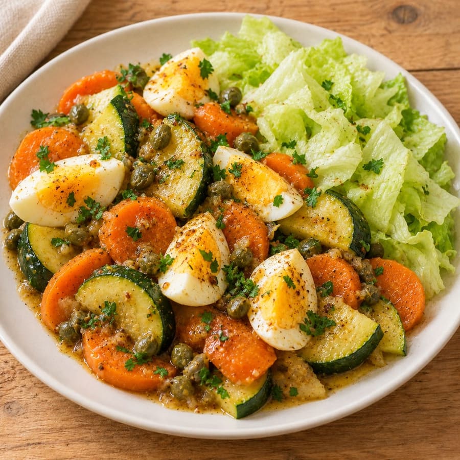 Eiersalat mit gebratener Zucchini und Karotten