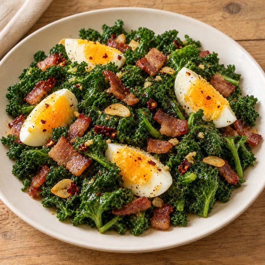 Eiersalat mit warmem Grünkohl und Speck