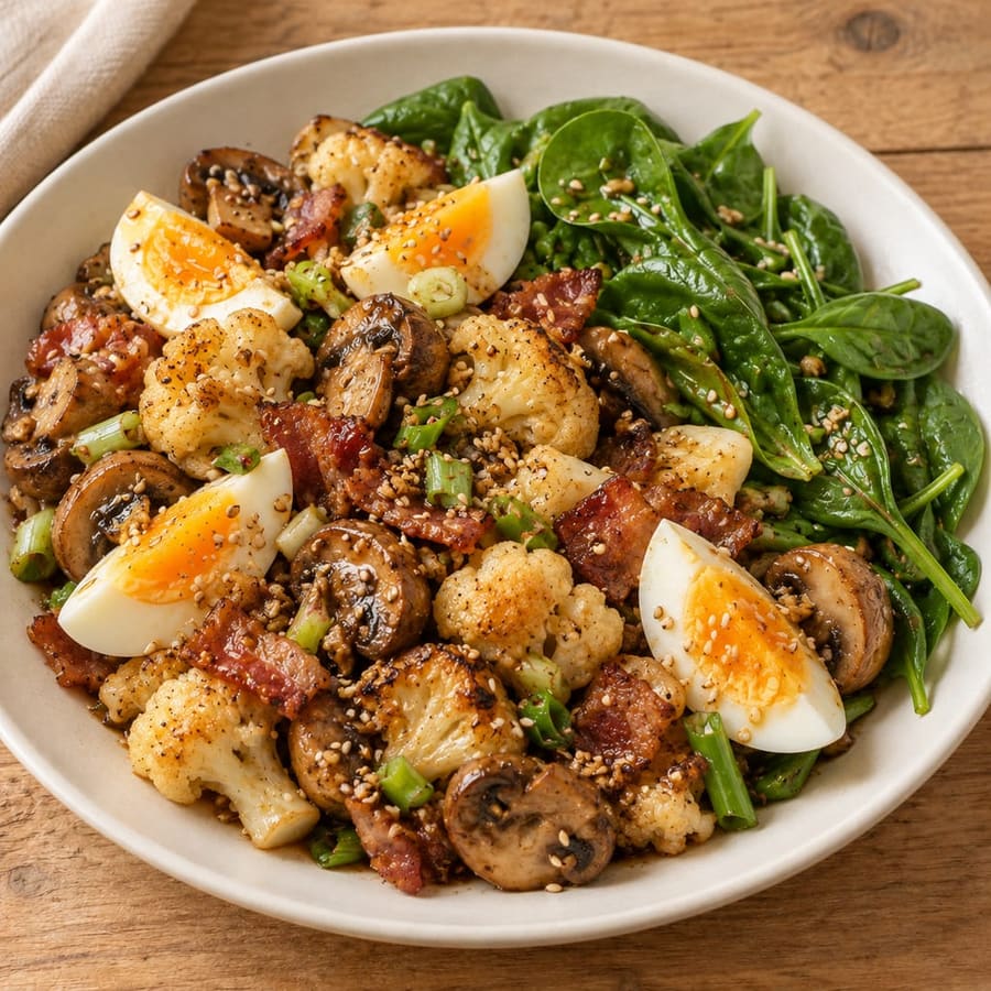 Eiersalat mit Blumenkohl, Champignons und Spinat