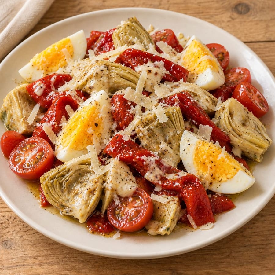 Eiersalat mit Artischocken, Kirschtomaten und gerösteter Paprika