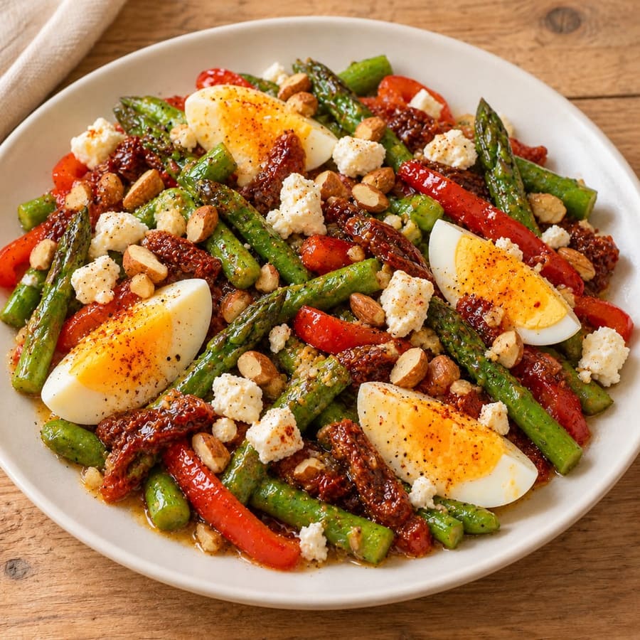 Eiersalat mit grünem Spargel, Paprika und Feta