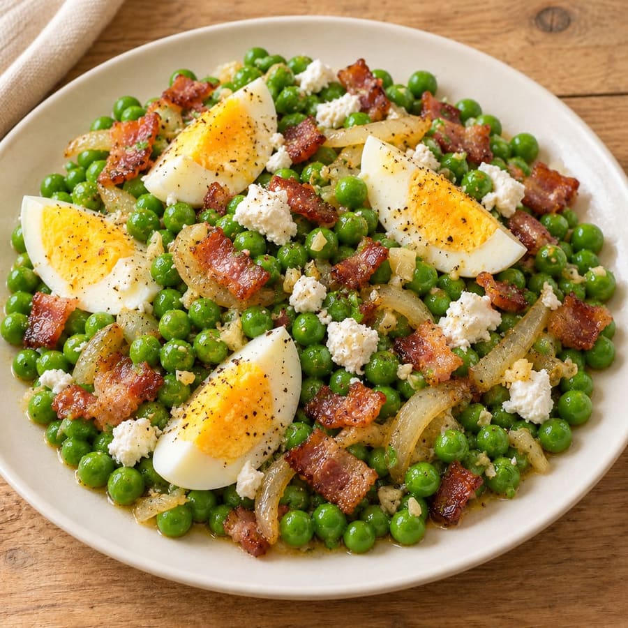 Eiersalat mit warmen Erbsen, Speck und Ziegenkäse