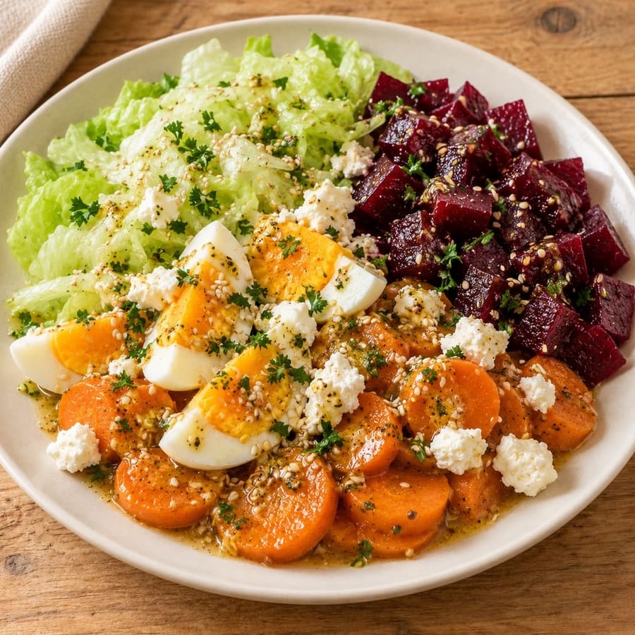 Eiersalat mit Rote Bete, Karotten und Ziegenkäse