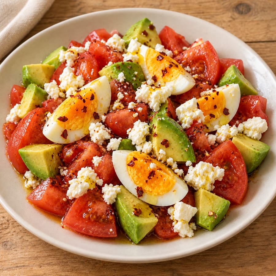 Eiersalat mit Tomate, Avocado und Feta