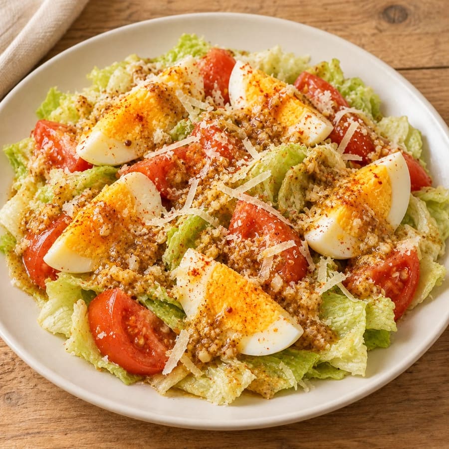 Eiersalat mit Tomate und Eisbergsalat